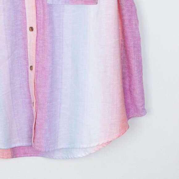 Terra & Sky Womens Button Down Linen Camp Shirt Size 0X Short Sleeve Ombre‎ Work - Picture 3 of 7